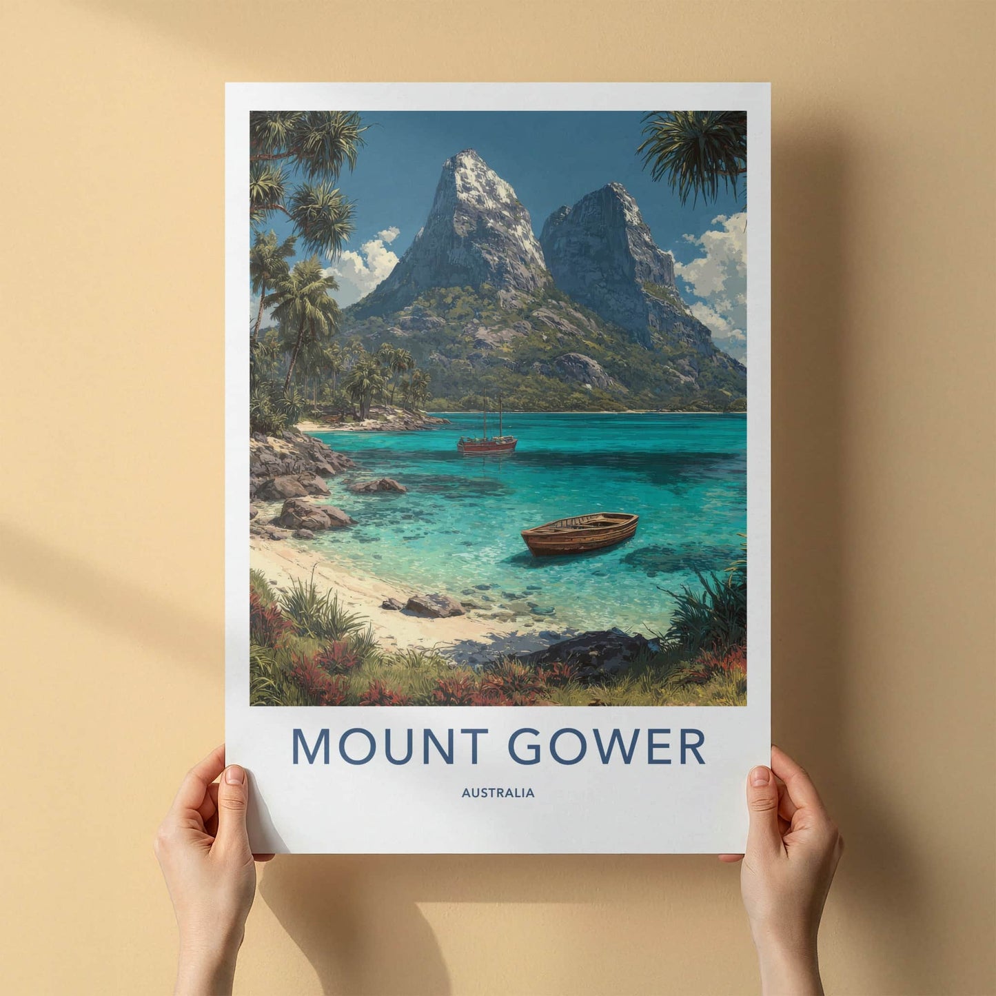 Mount Gower Poster - Australia Travel Art - Tropical Beach Boats Home Decor