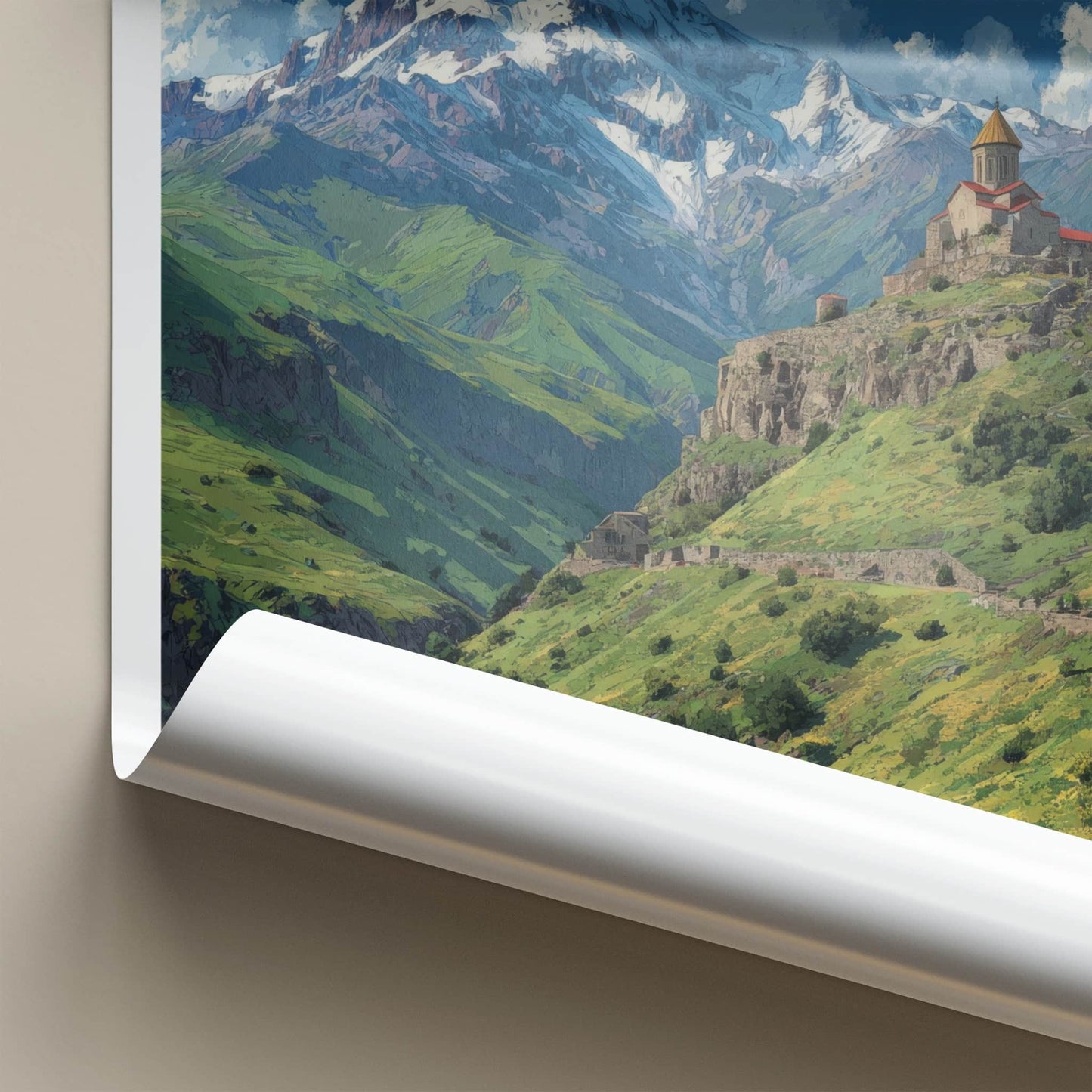 Mount Kazbek Poster - Georgia Travel Art - Snowy Mountain Monastery Wall Decor