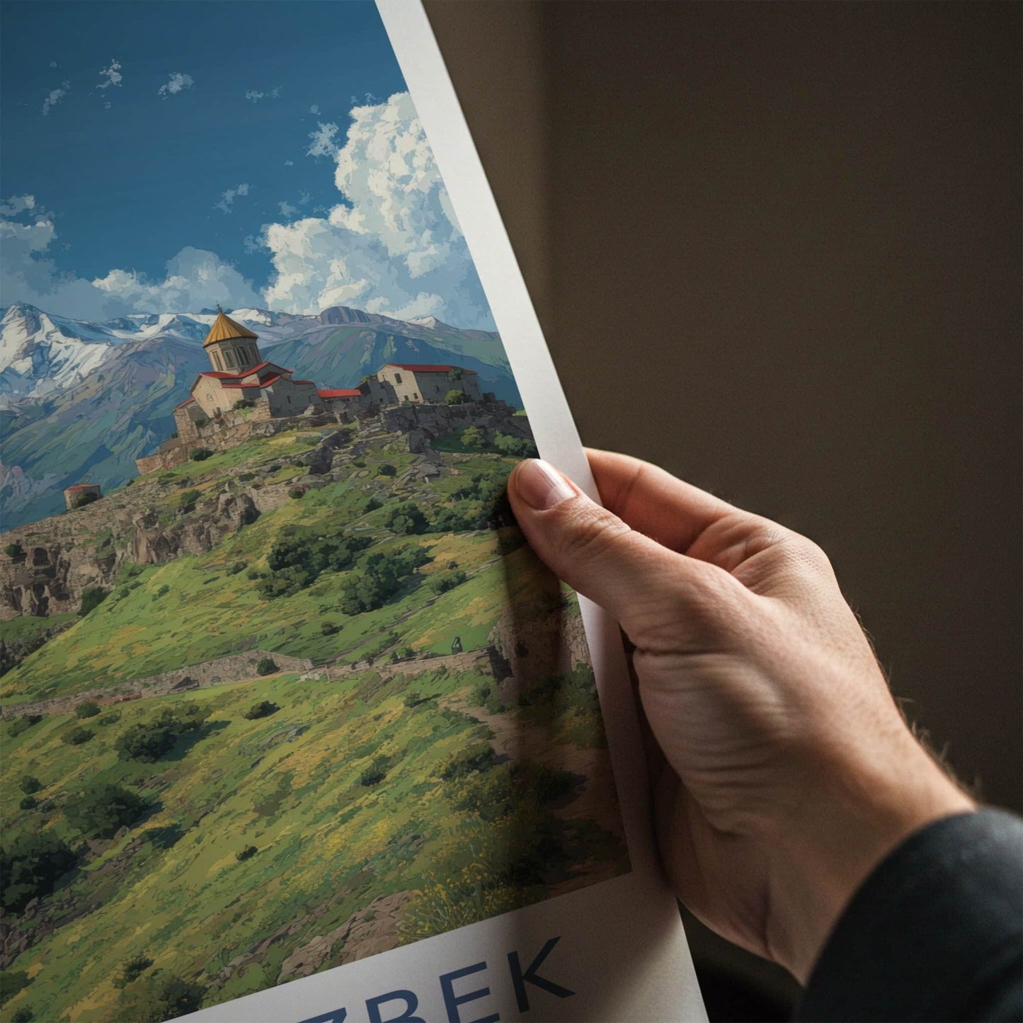 Mount Kazbek Poster - Georgia Travel Art - Snowy Mountain Monastery Wall Decor