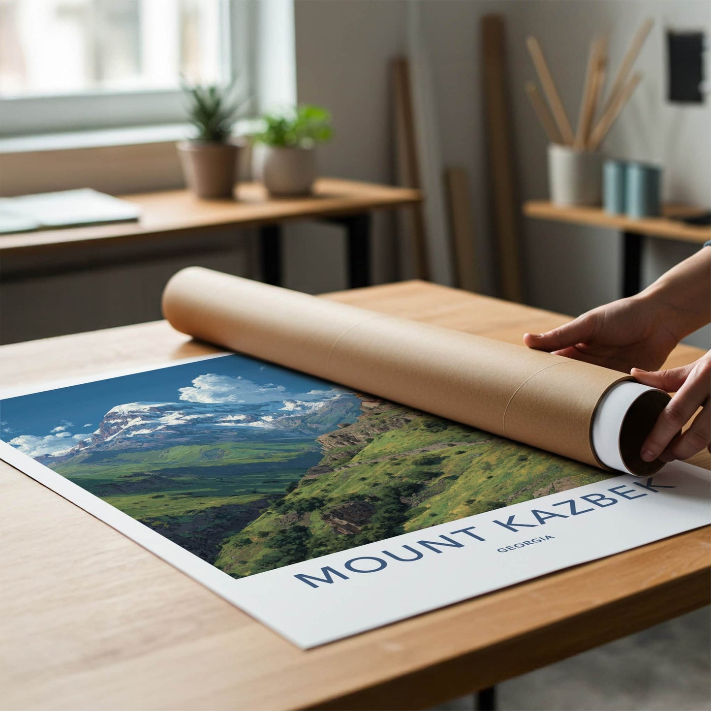 Mount Kazbek Poster - Georgia Travel Art - Snowy Mountain Monastery Wall Decor