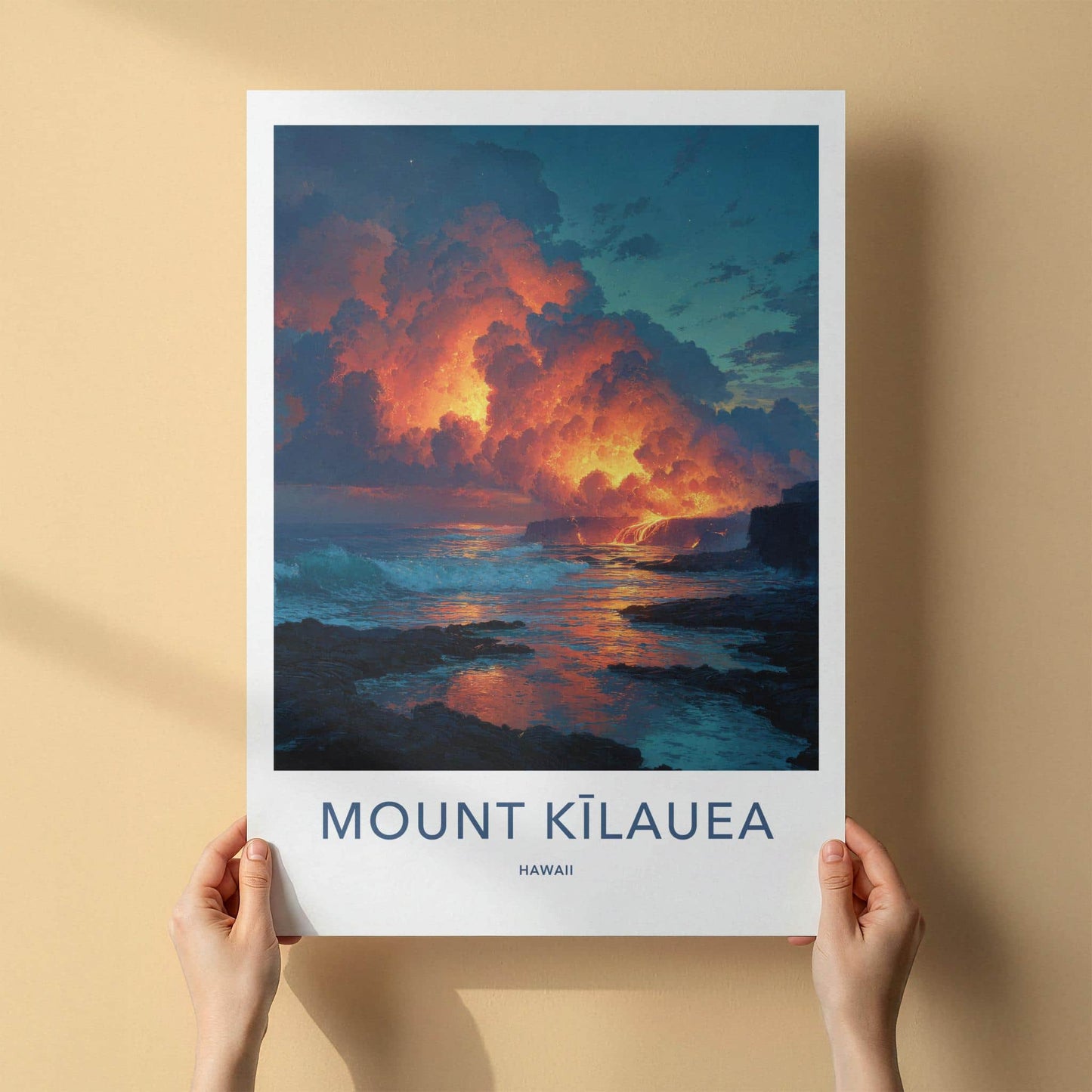 Mount Kilauea Poster - Hawaii Art Print - Lava Flowing Ocean Home Decor