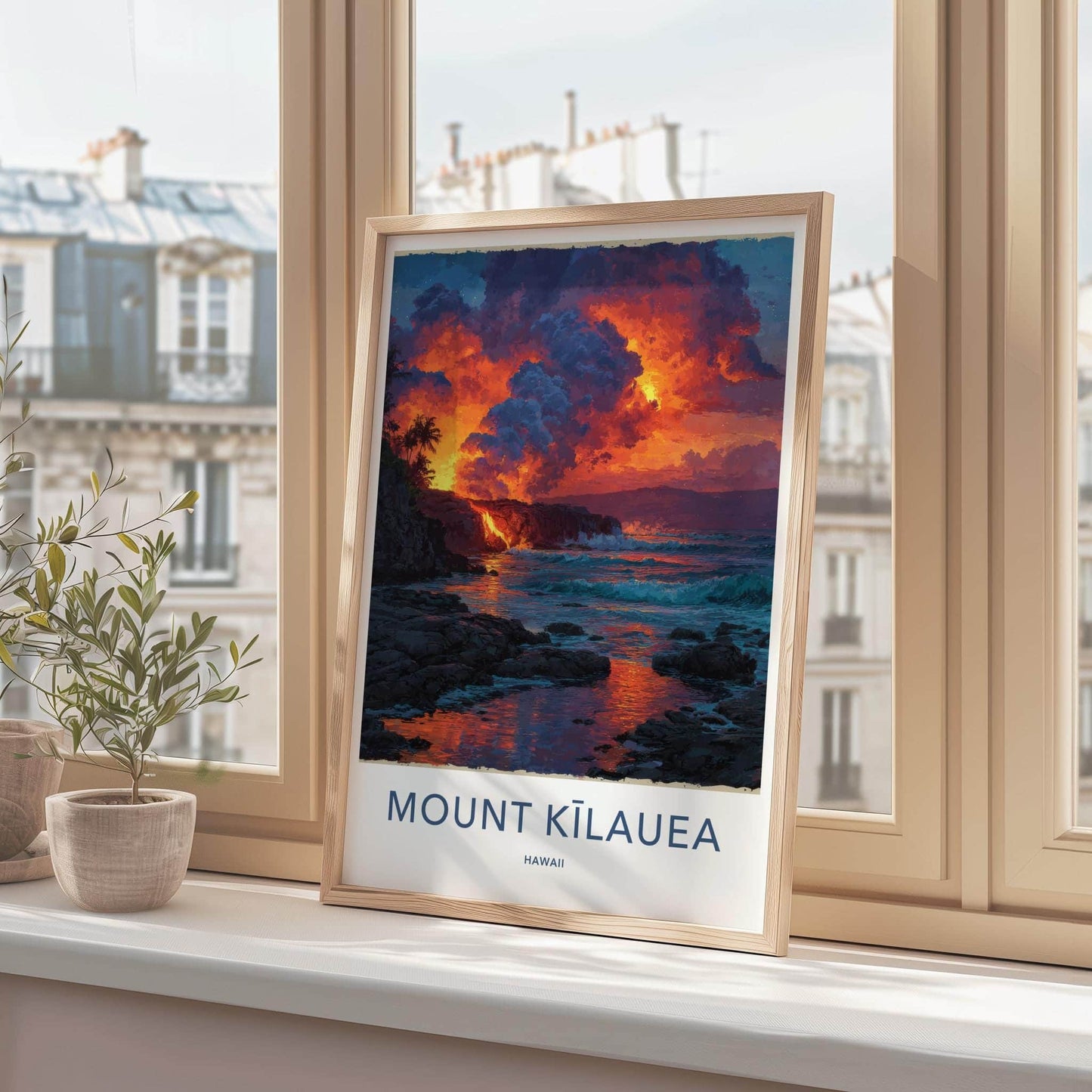 Mount Kilauea Poster - Hawaii Travel Art - Lava Ocean Waves Home Decor