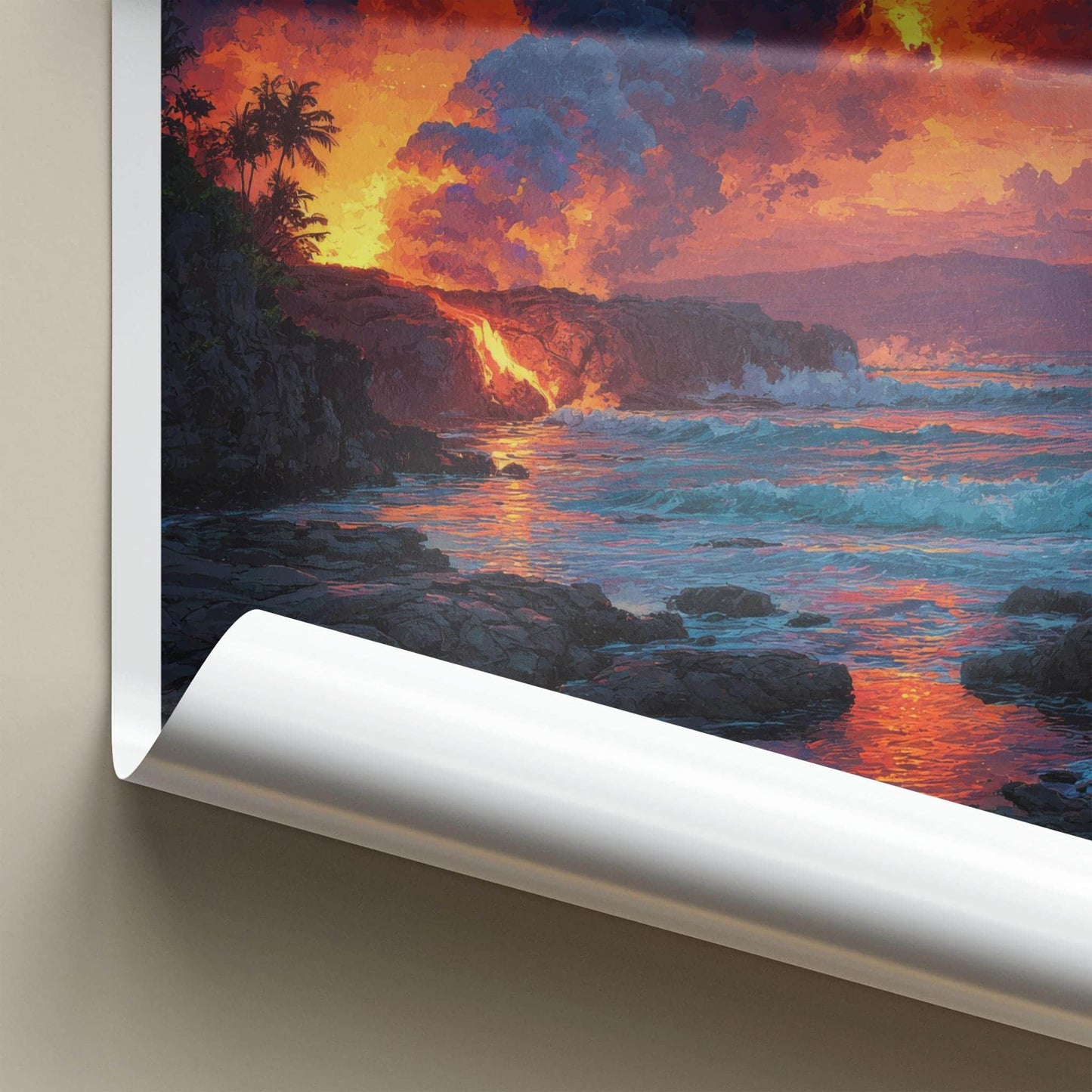 Mount Kilauea Poster - Hawaii Travel Art - Lava Ocean Waves Home Decor