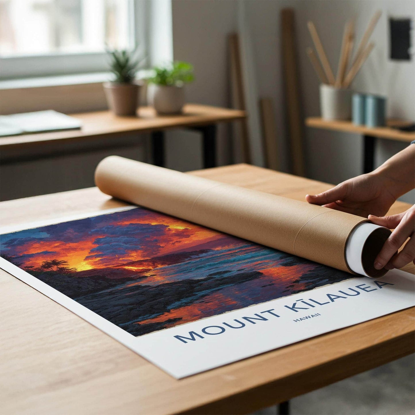Mount Kilauea Poster - Hawaii Travel Art - Lava Ocean Waves Home Decor