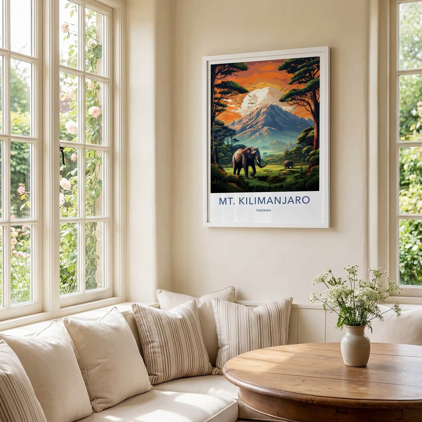Mount Kilimanjaro Poster - Tanzania Travel Art - Elephants Mountain Sunset Home Decor
