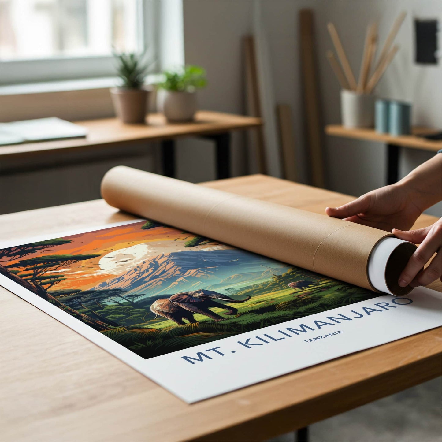 Mount Kilimanjaro Poster - Tanzania Travel Art - Elephants Mountain Sunset Home Decor