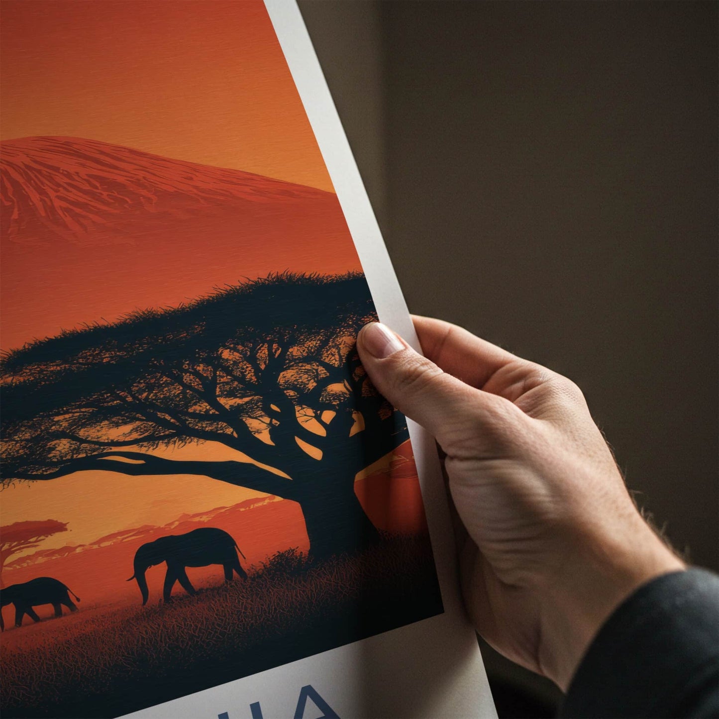 Mount Kilimanjaro Poster - Tanzania Travel Print - Sunset Elephant Scene Home Decor