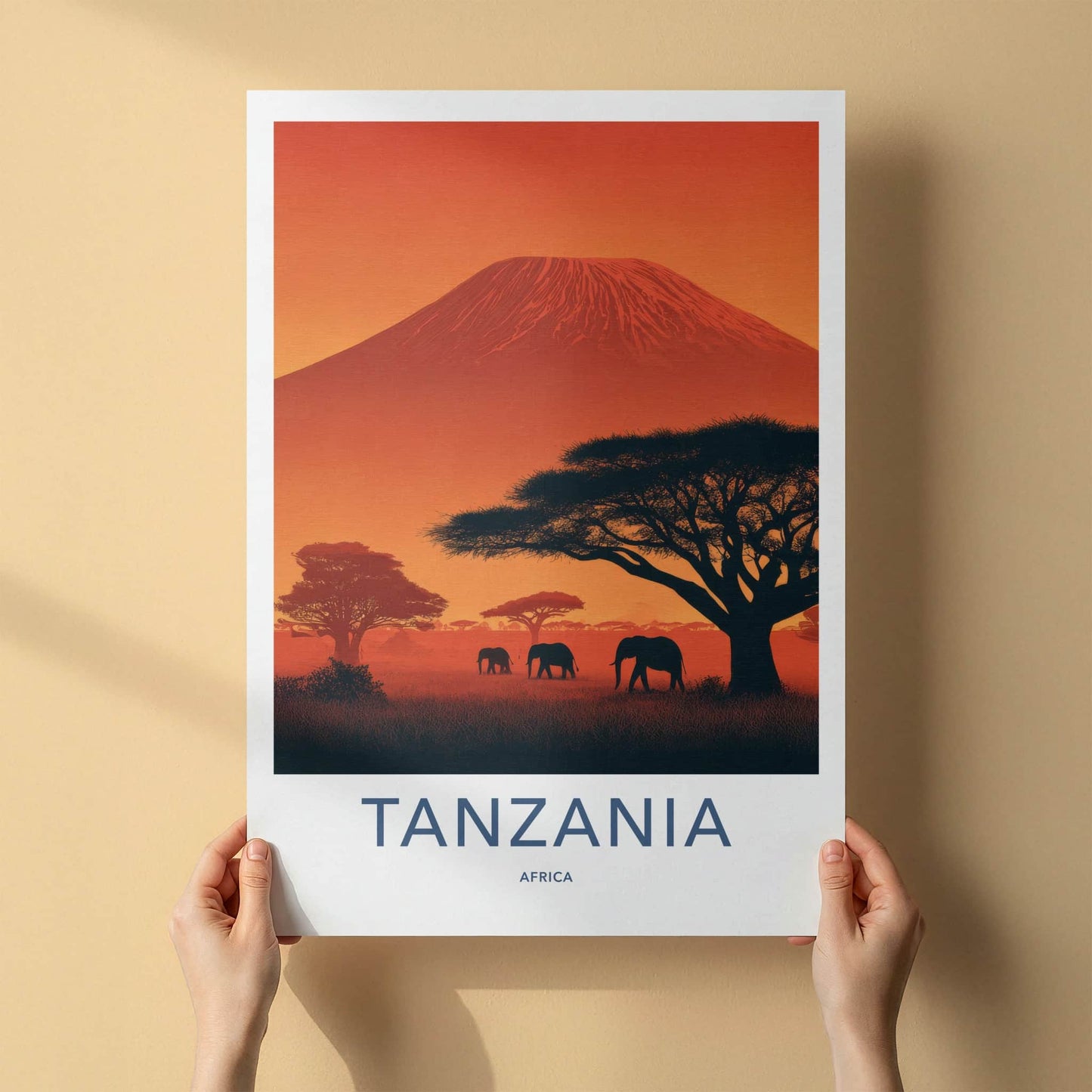 Mount Kilimanjaro Poster - Tanzania Travel Print - Sunset Elephant Scene Home Decor