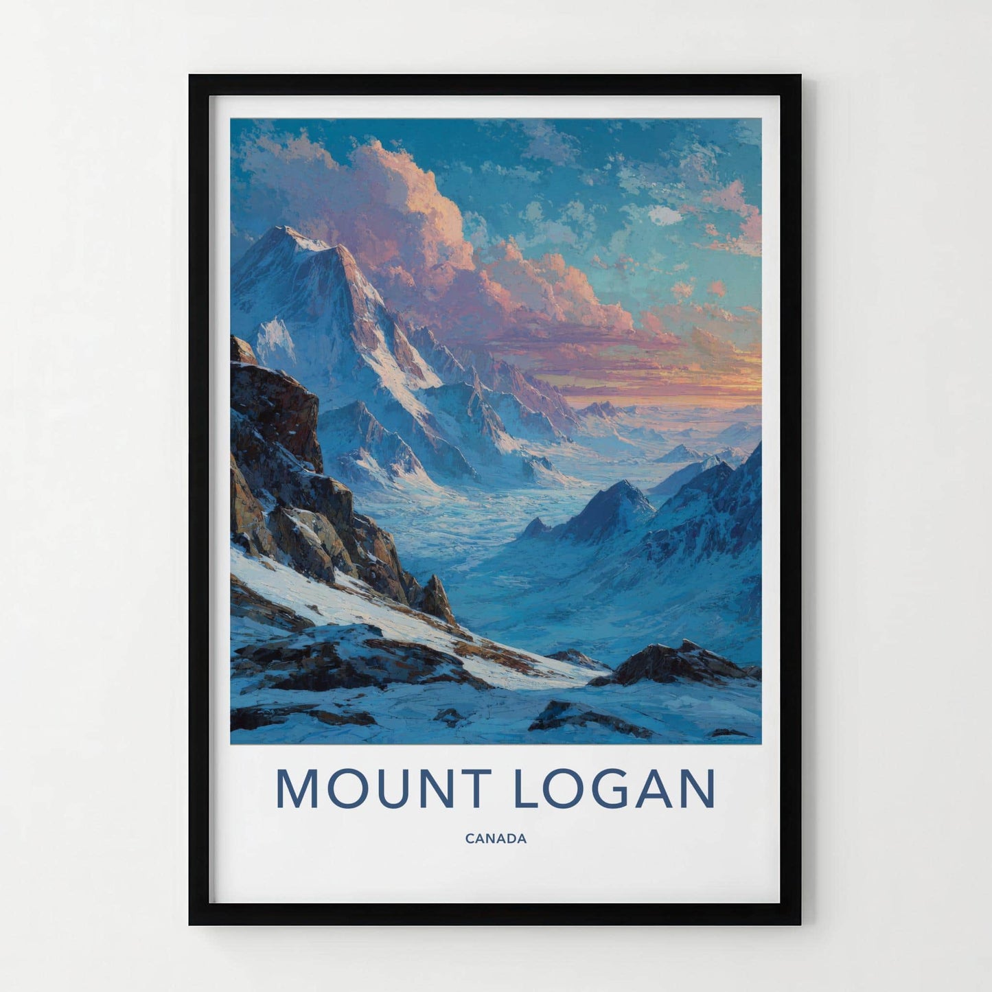 Mount Logan Poster - Canada Travel Art - Snowy Mountain Valley Home Decor
