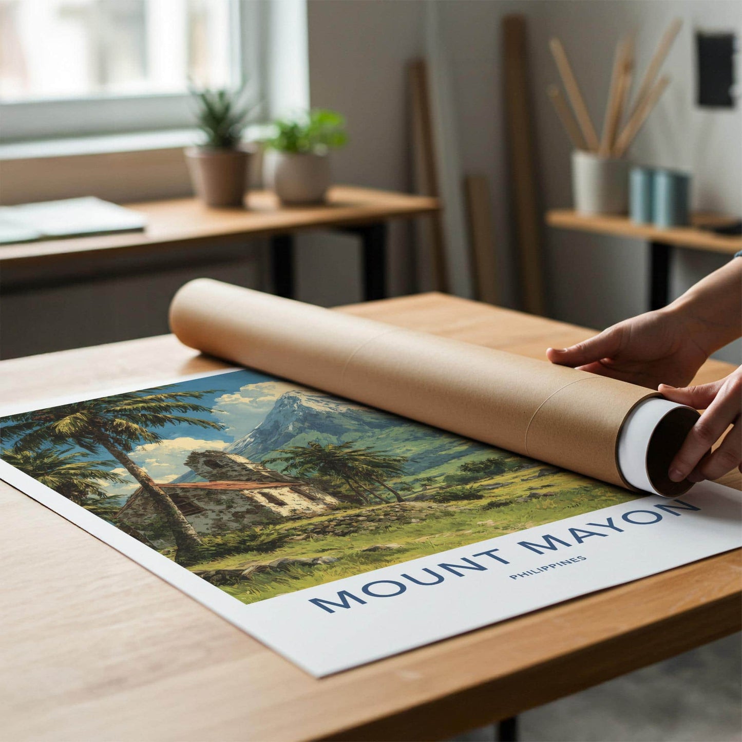Mount Mayon Poster - Philippines Travel Art - Historic Church Volcano Home Decor
