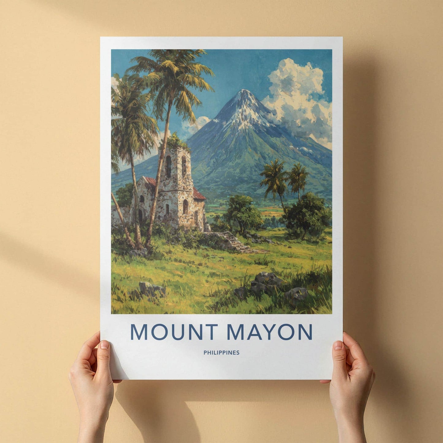 Mount Mayon Poster - Philippines Travel Art - Stone Church Volcano Home Decor
