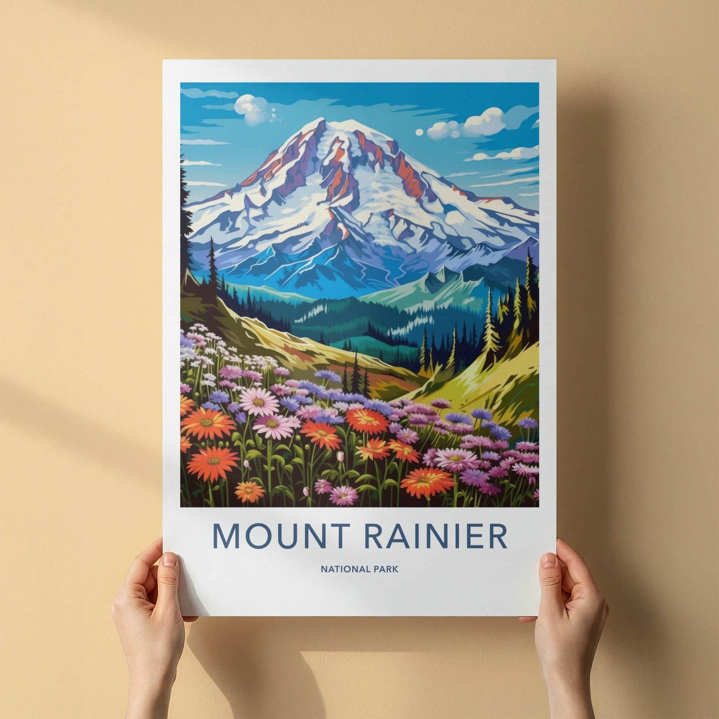 Mount Rainier National Park Poster - Washington Fine Art - Snow Peak Flowers Gift