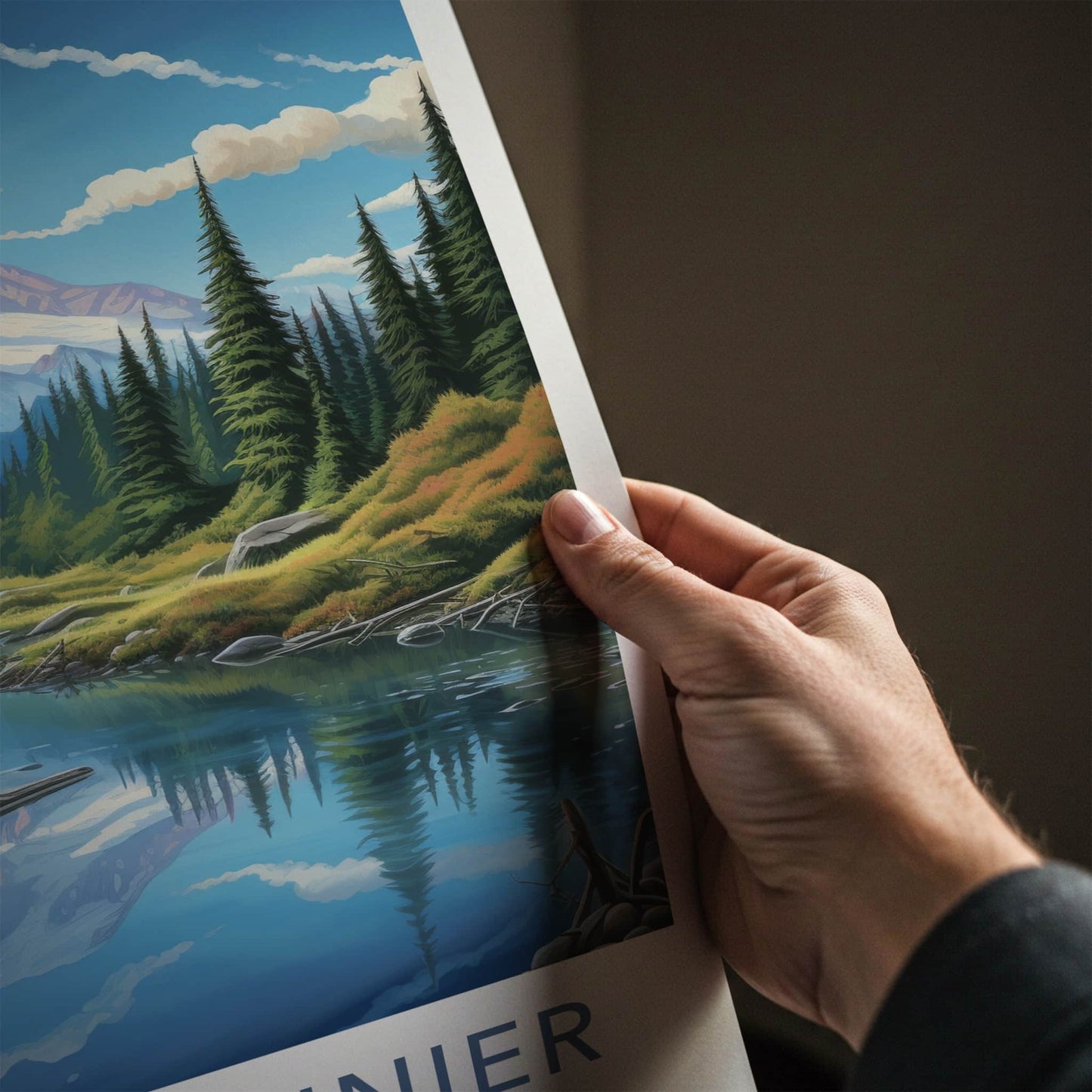 Mount Rainier National Park Poster - Washington Travel Art - Snowy Peak Reflection Home Decor