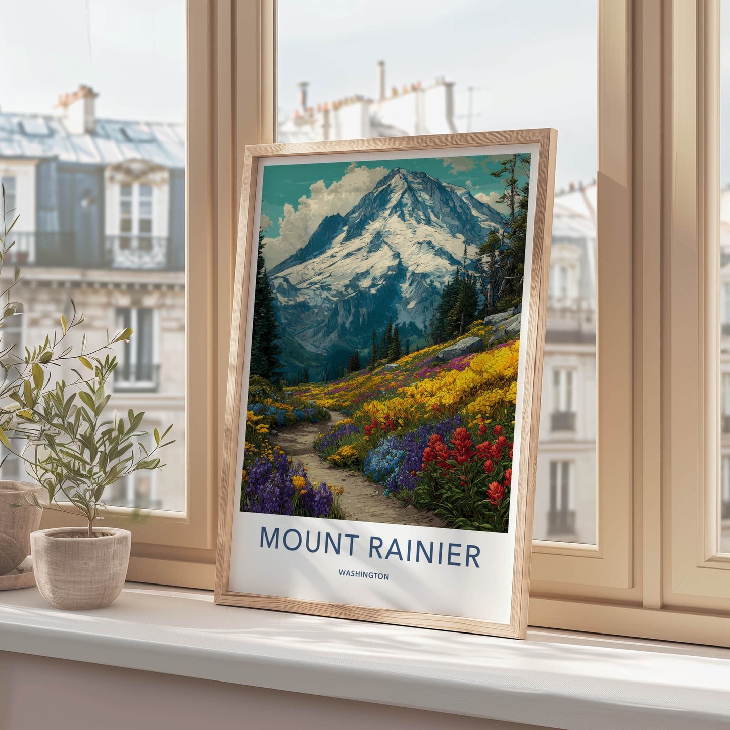 Mount Rainier Poster - Washington Framed Art - Snowy Peak Flowers Home Decor