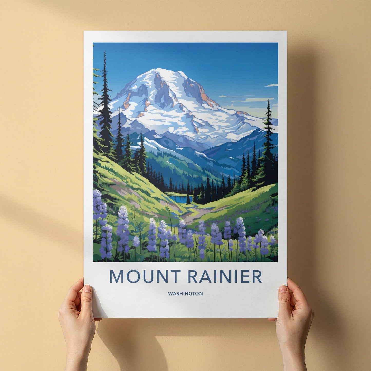 Mount Rainier Poster - Washington Travel Art - Alpine Meadow Flowers Home Decor