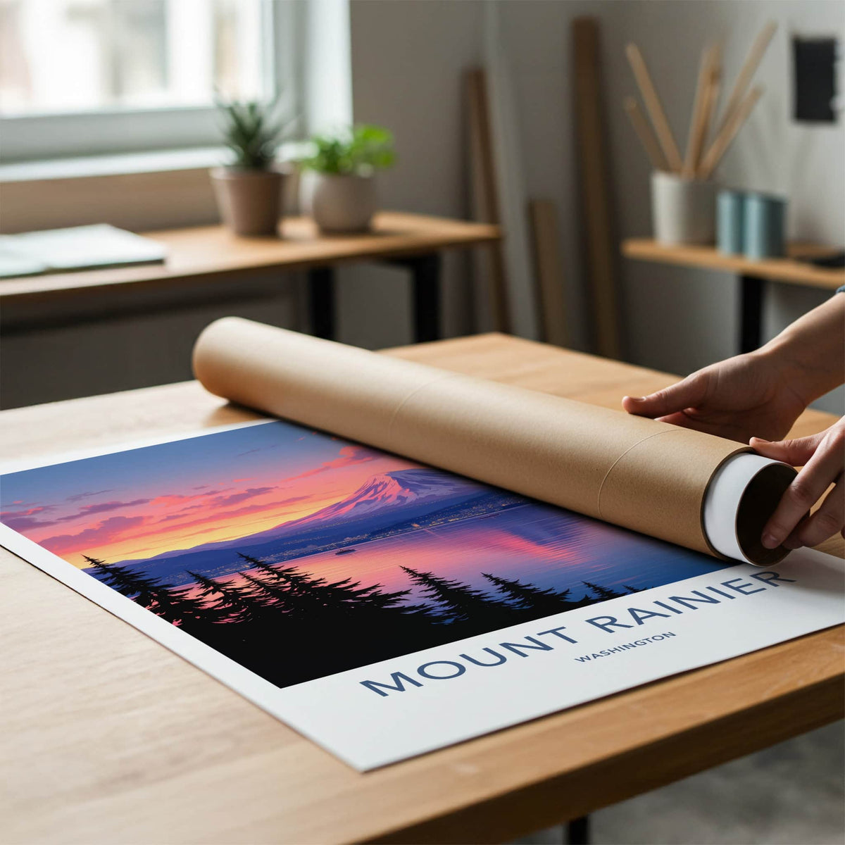 Mount Rainier Poster - Washington Travel Art - Mountain Lake Sunset Home Decor