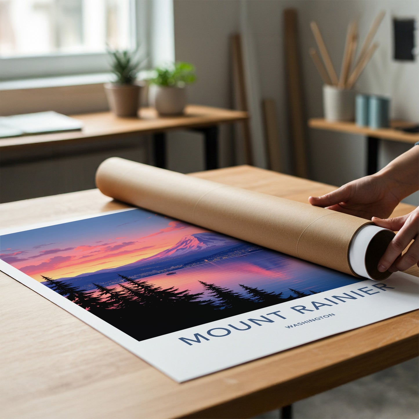 Mount Rainier Poster - Washington Travel Art - Mountain Lake Sunset Home Decor