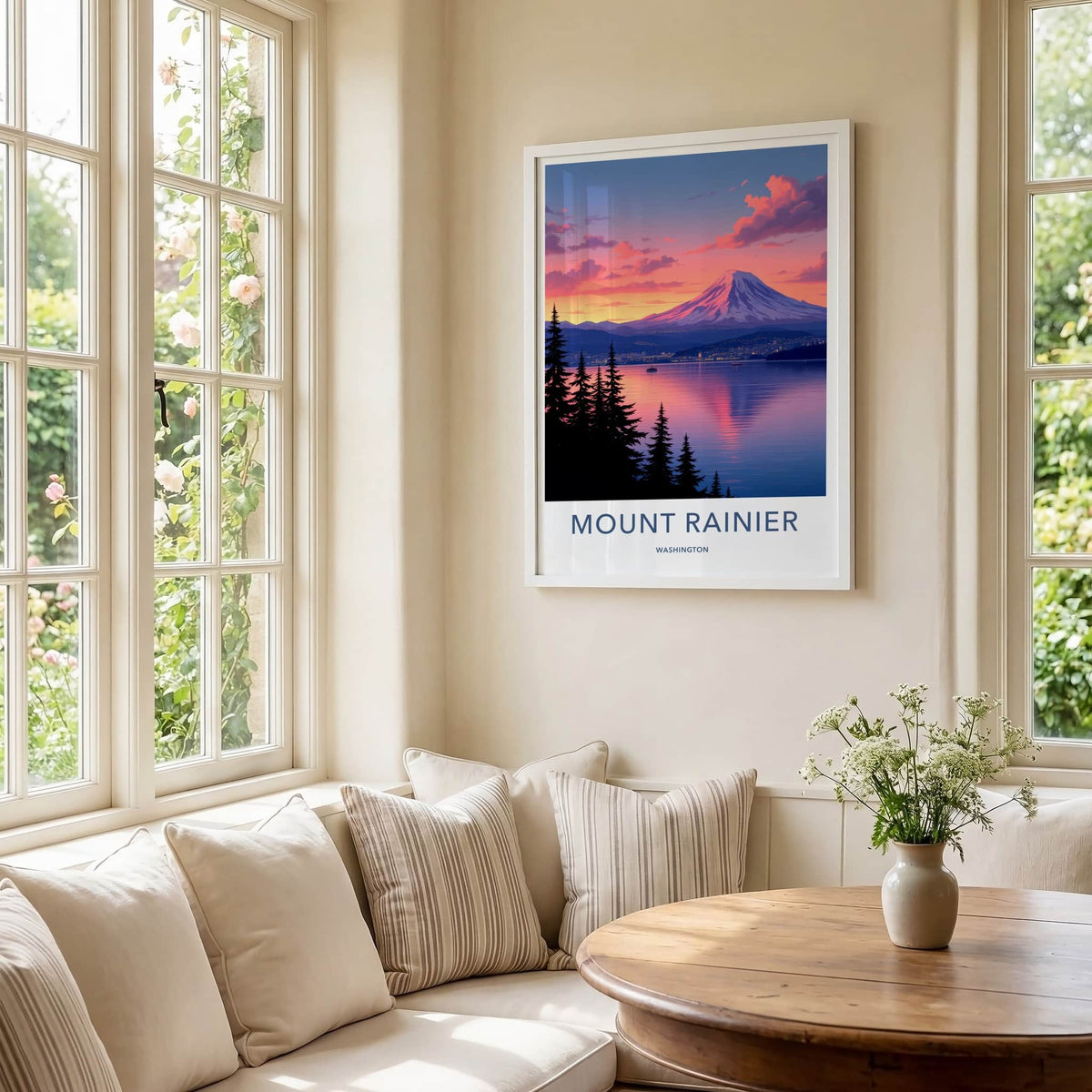 Mount Rainier Poster - Washington Travel Art - Mountain Lake Sunset Home Decor