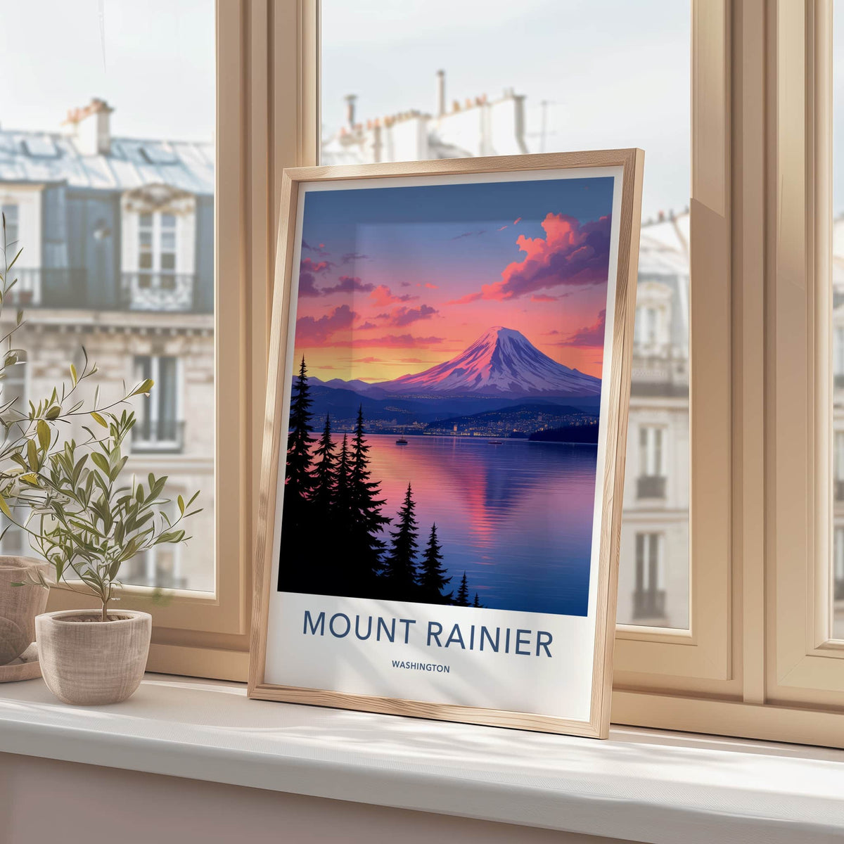 Mount Rainier Poster - Washington Travel Art - Mountain Lake Sunset Home Decor