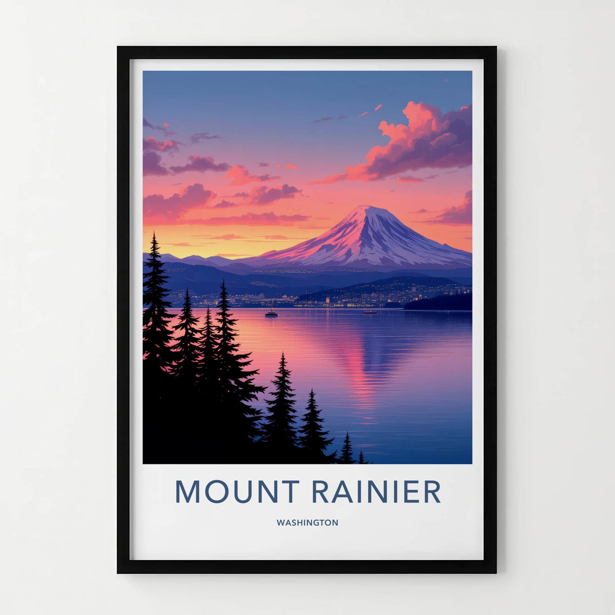 Mount Rainier Poster - Washington Travel Art - Mountain Lake Sunset Home Decor