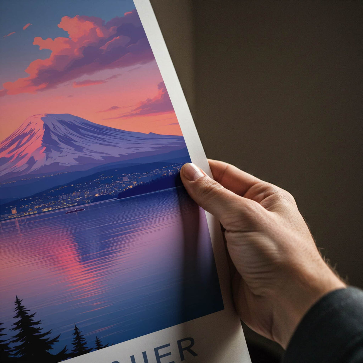 Mount Rainier Poster - Washington Travel Art - Mountain Lake Sunset Home Decor