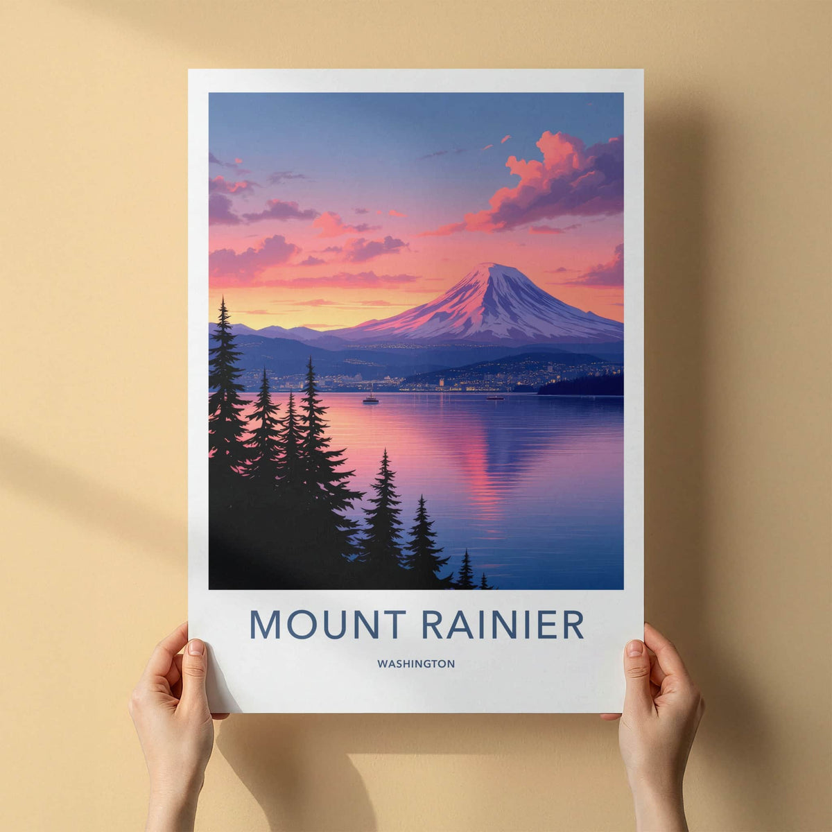 Mount Rainier Poster - Washington Travel Art - Mountain Lake Sunset Home Decor