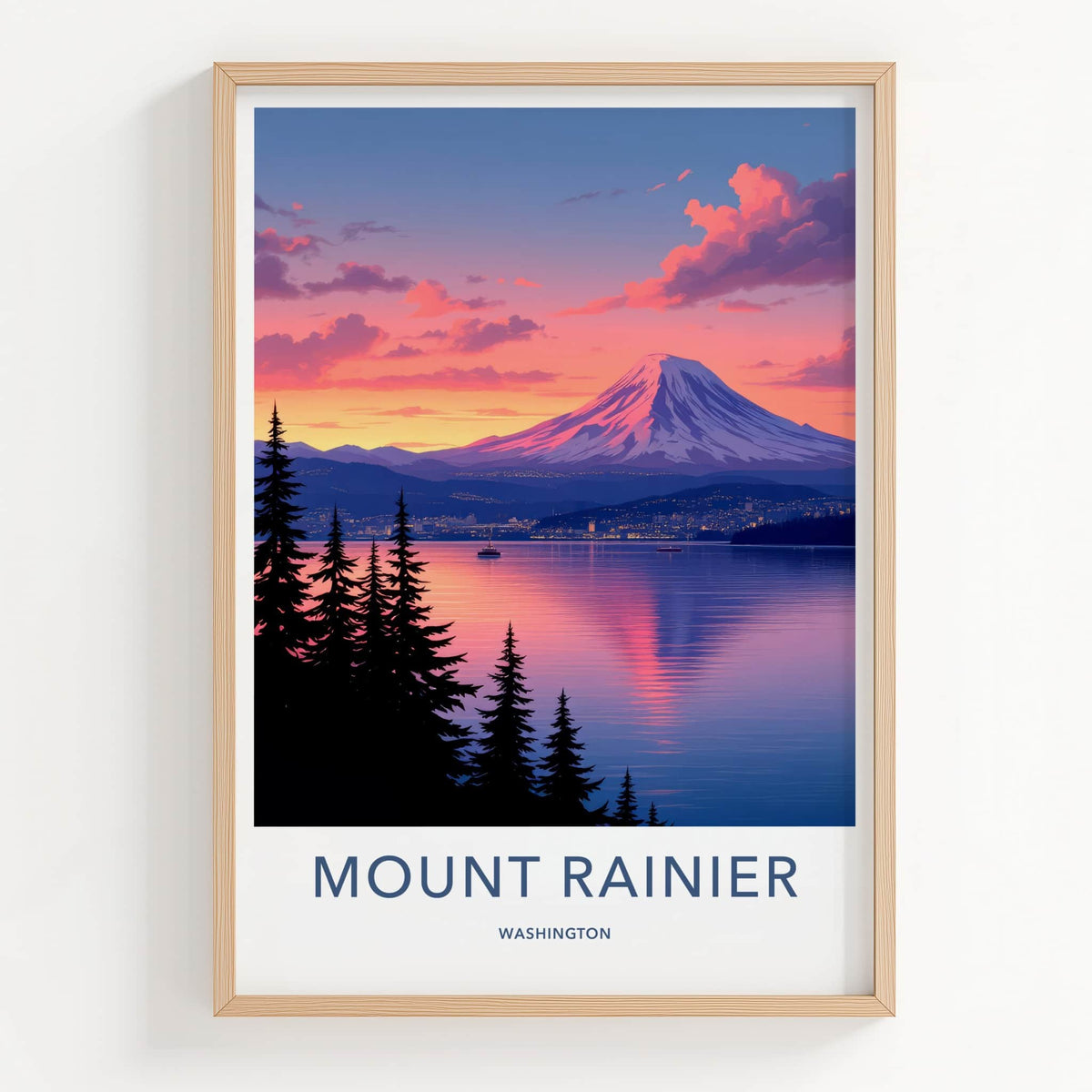 Mount Rainier Poster - Washington Travel Art - Mountain Lake Sunset Home Decor