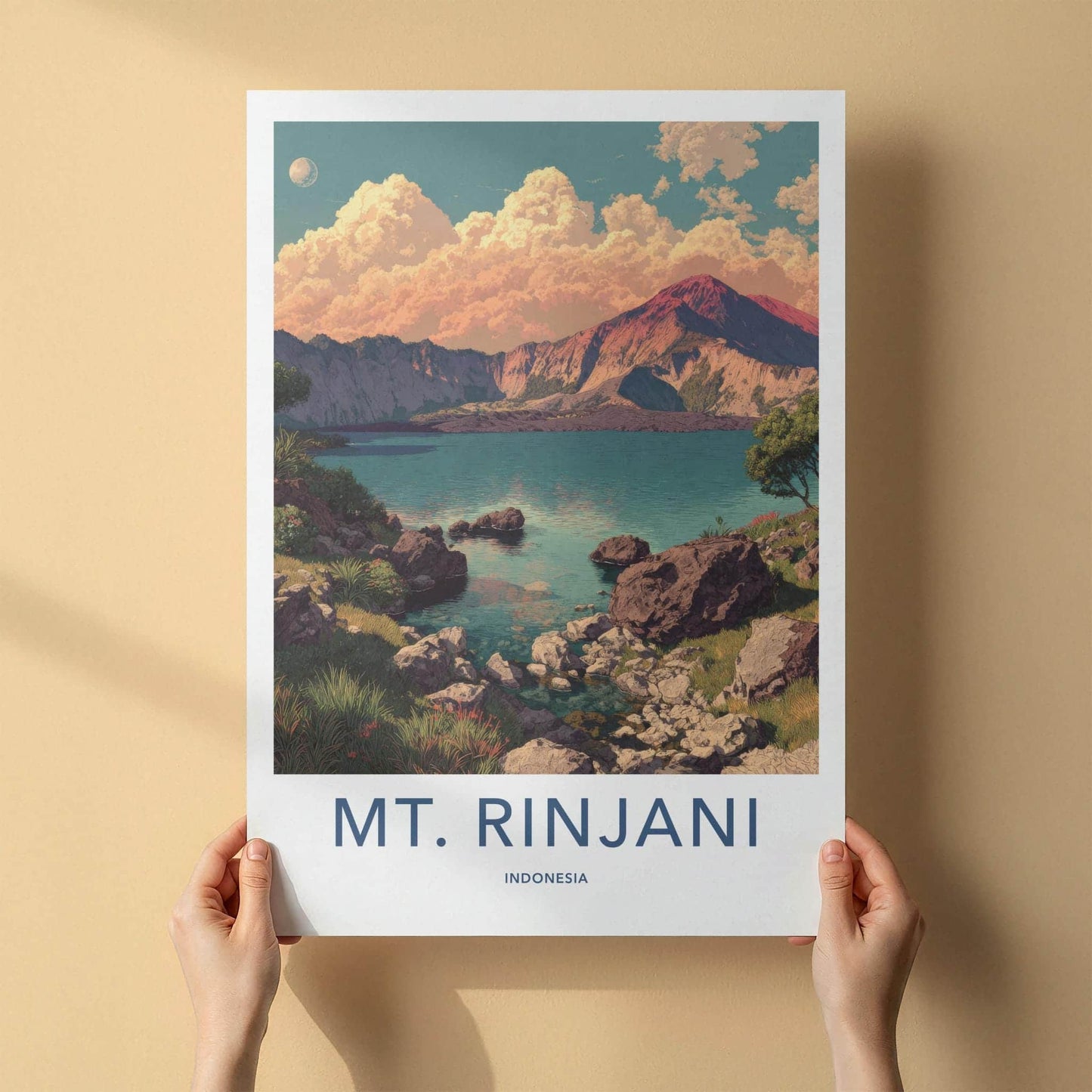 Mount Rinjani Poster - Indonesia Travel Art - Volcano Crater Lake Home Decor