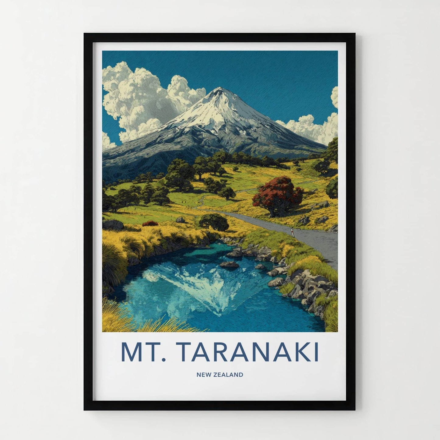 Mount Taranaki Poster - New Zealand Travel Art - Mountain Water Reflection Home Decor