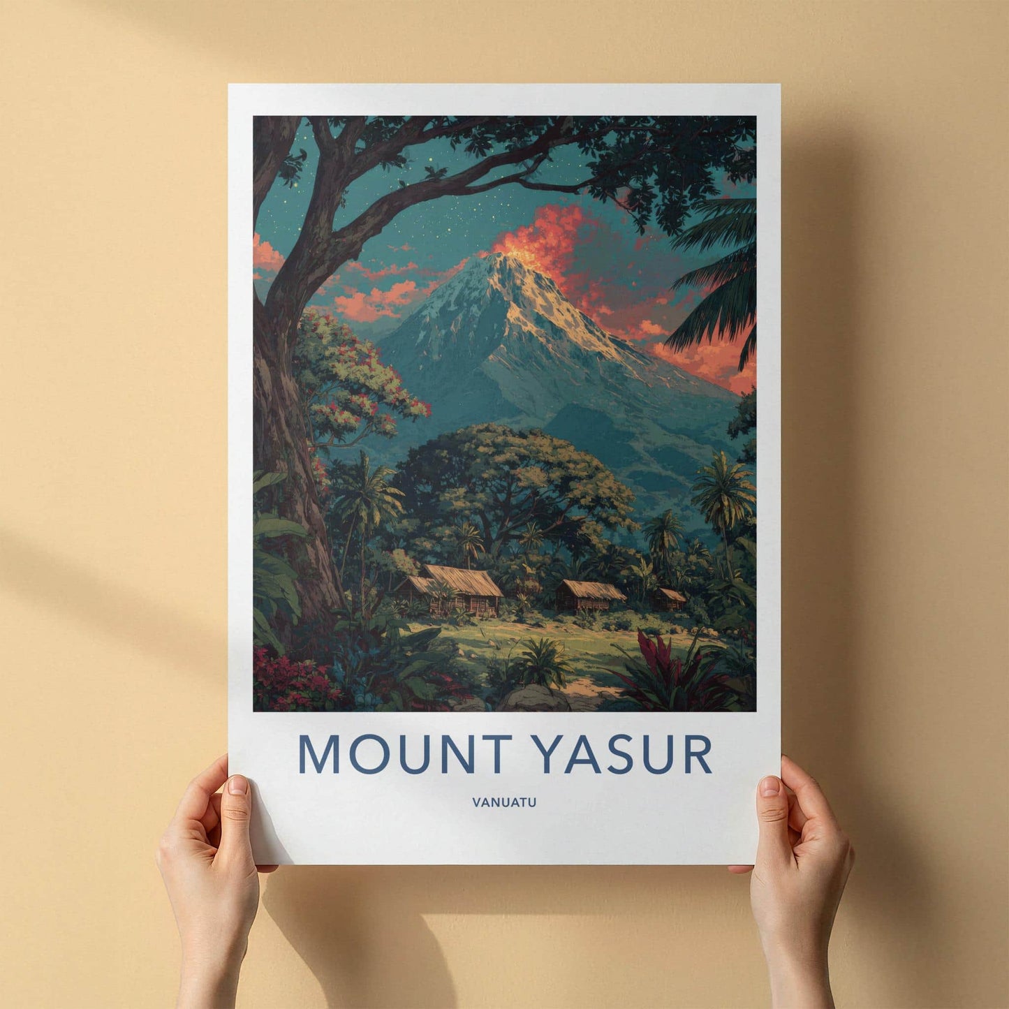 Mount Yasur Poster - Vanuatu Travel Art - Volcano Glowing Jungle Home Decor