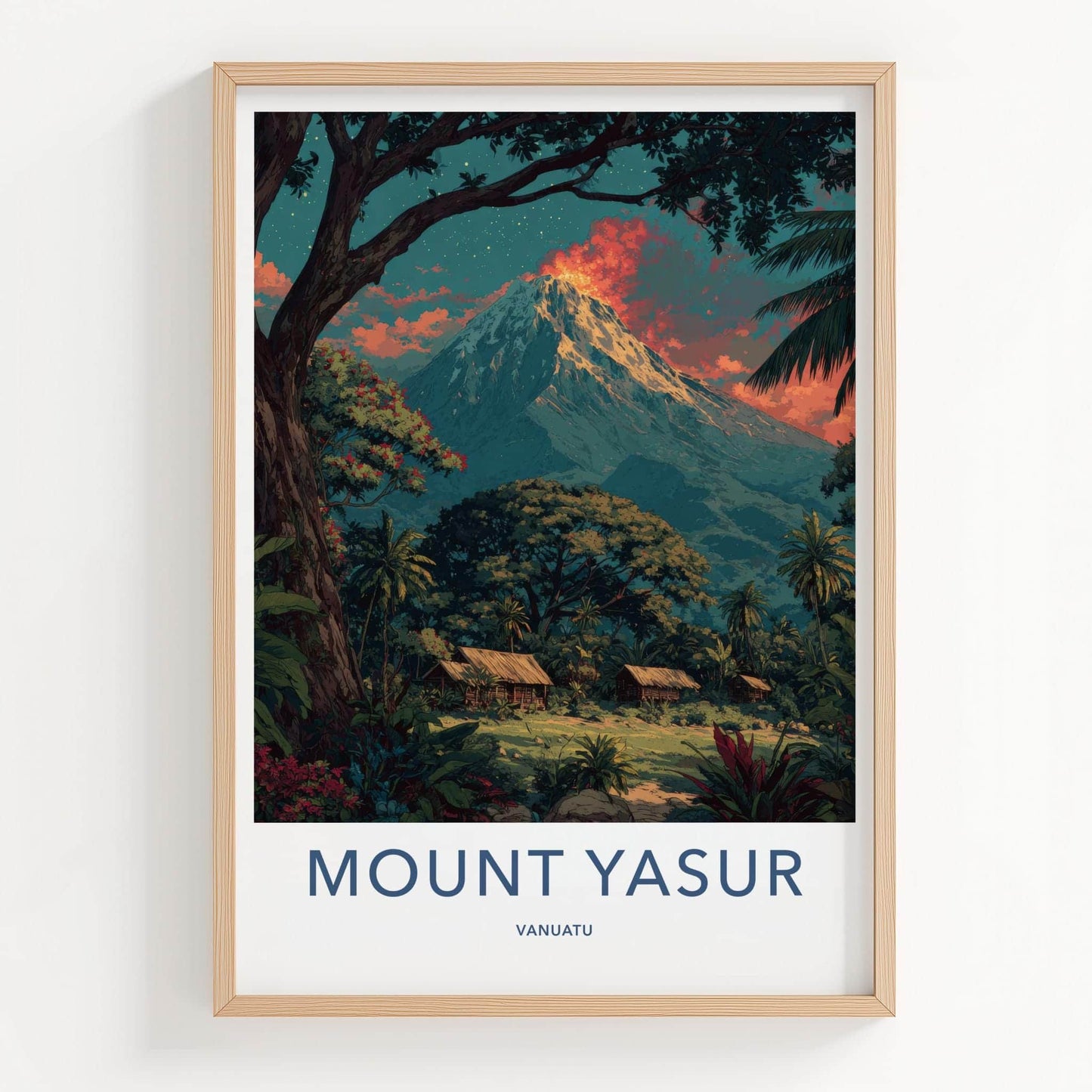 Mount Yasur Poster - Vanuatu Travel Art - Volcano Glowing Jungle Home Decor