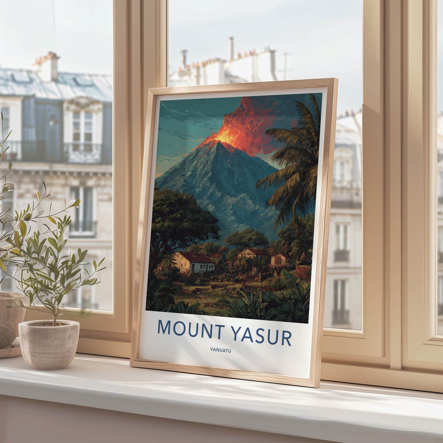 Mount Yasur Poster - Vanuatu Travel Print - Glowing Volcano Palm Framed Art