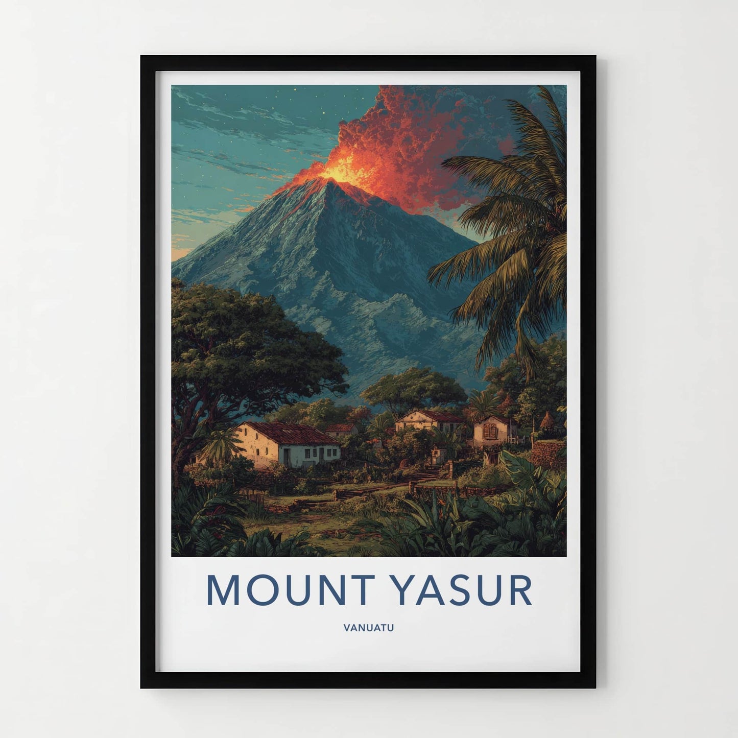 Mount Yasur Poster - Vanuatu Travel Print - Glowing Volcano Palm Framed Art