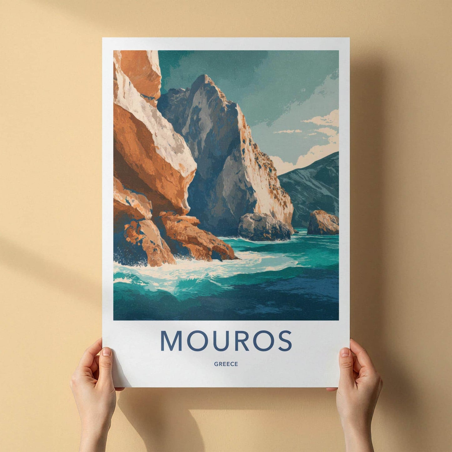 Mouros Poster - Greece Travel Art - Coastal Rock Waves Home Decor