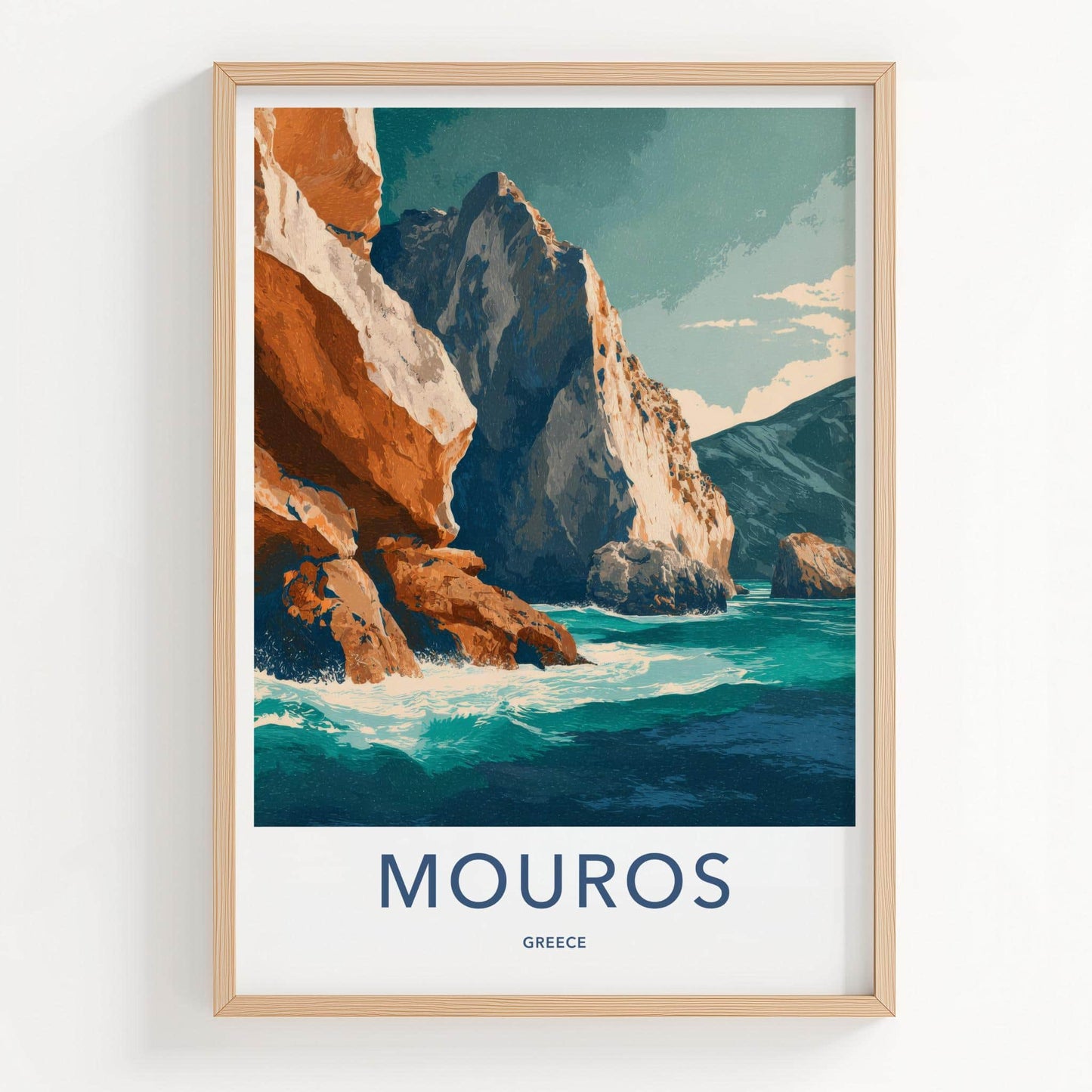 Mouros Poster - Greece Travel Art - Coastal Rock Waves Home Decor