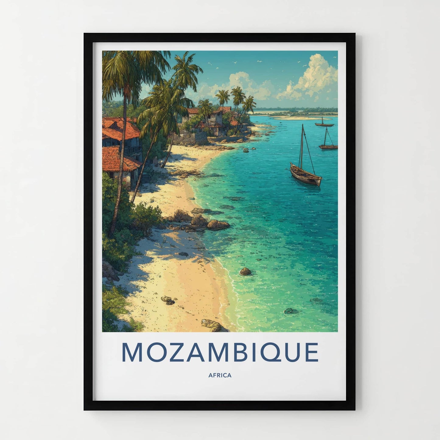 Mozambique Poster - Mozambique Travel Art - Coastal Village Boats Framed Art
