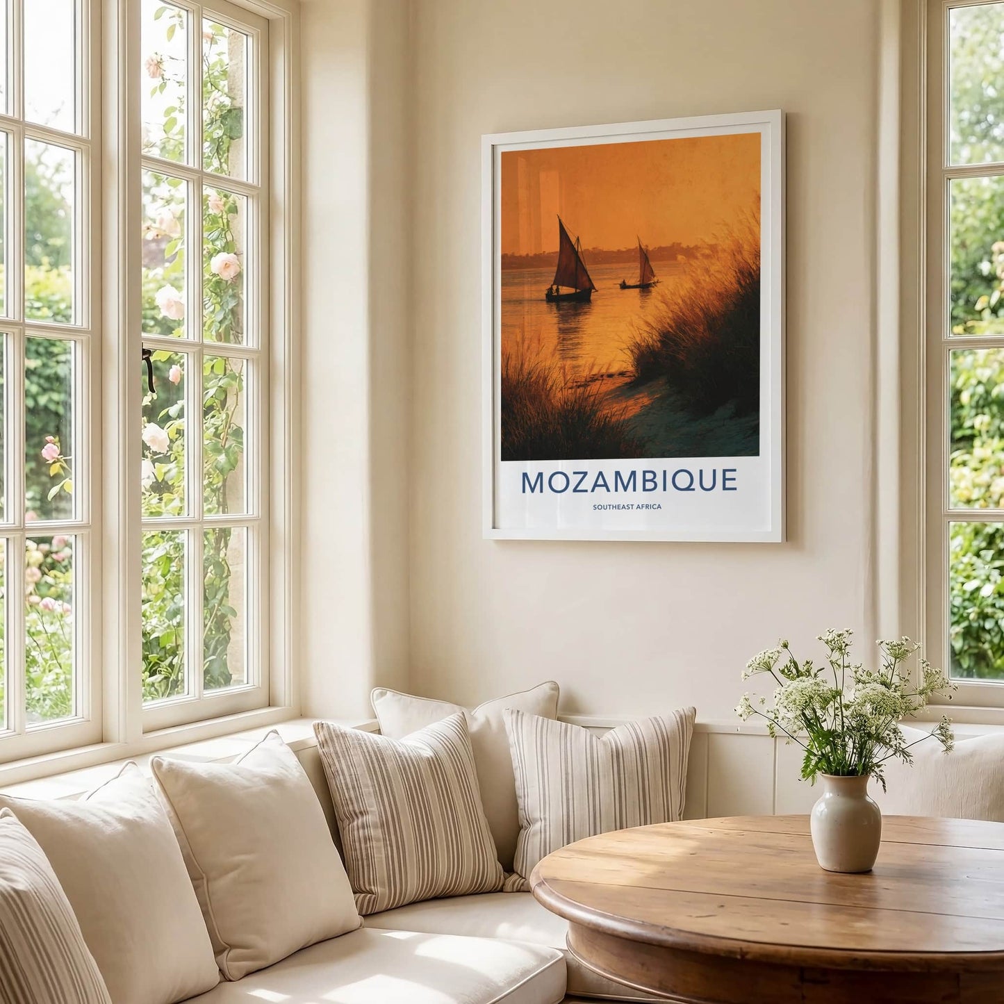 Mozambique Poster - Mozambique Travel Art - Sailboats Golden Sunset Home Decor