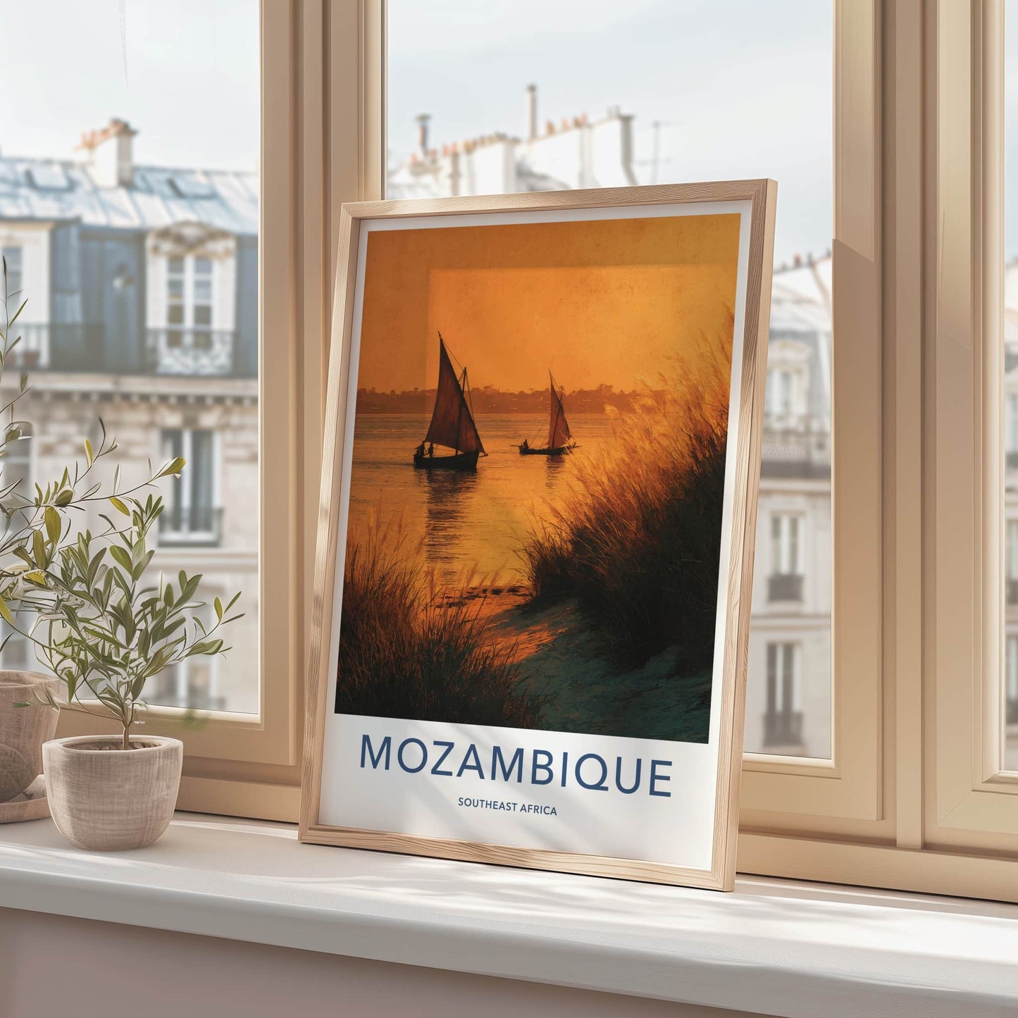 Mozambique Poster - Mozambique Travel Art - Sailboats Golden Sunset Home Decor