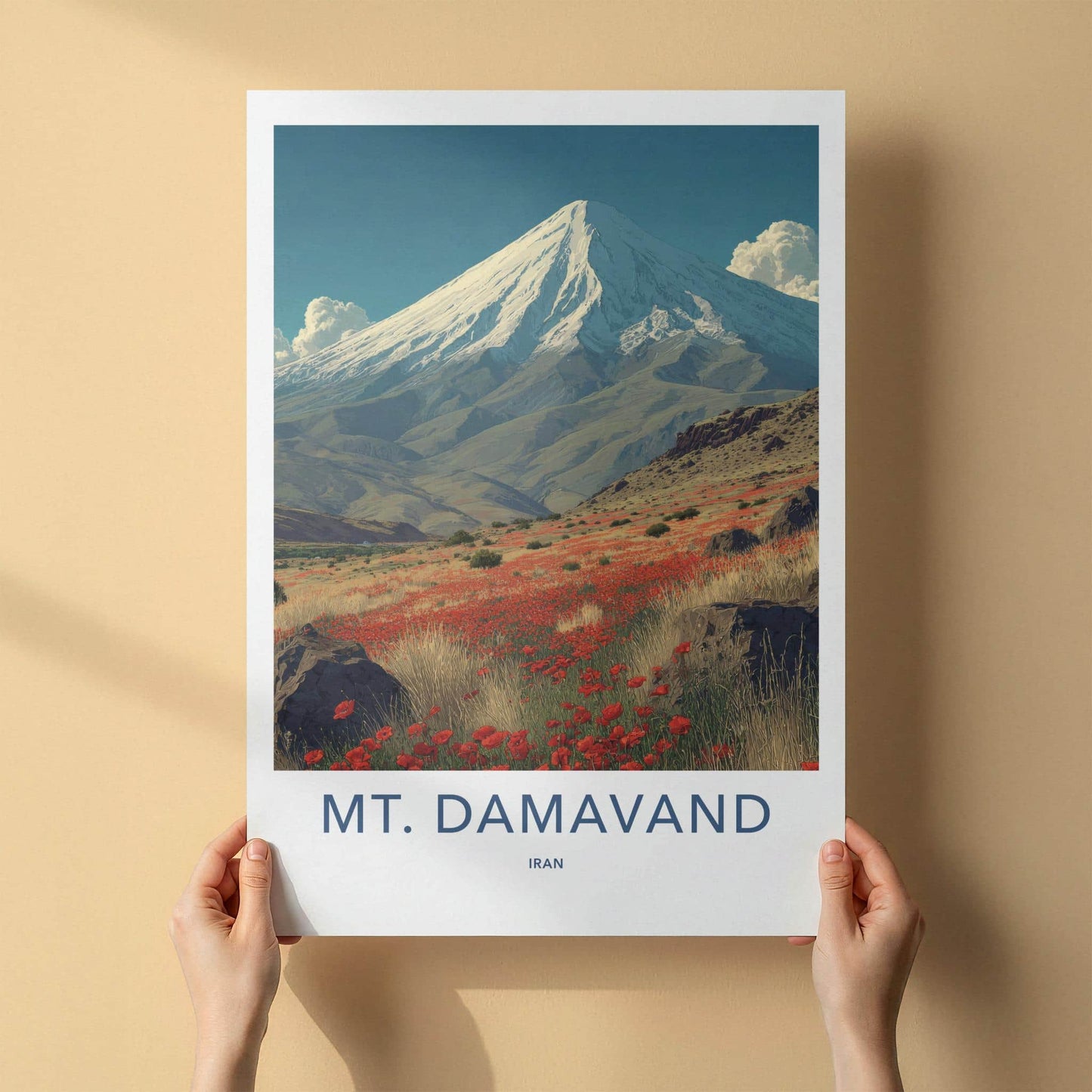 MT. DAMAVAND Poster - Iran Travel Art - Red Poppy Landscape Home Decor