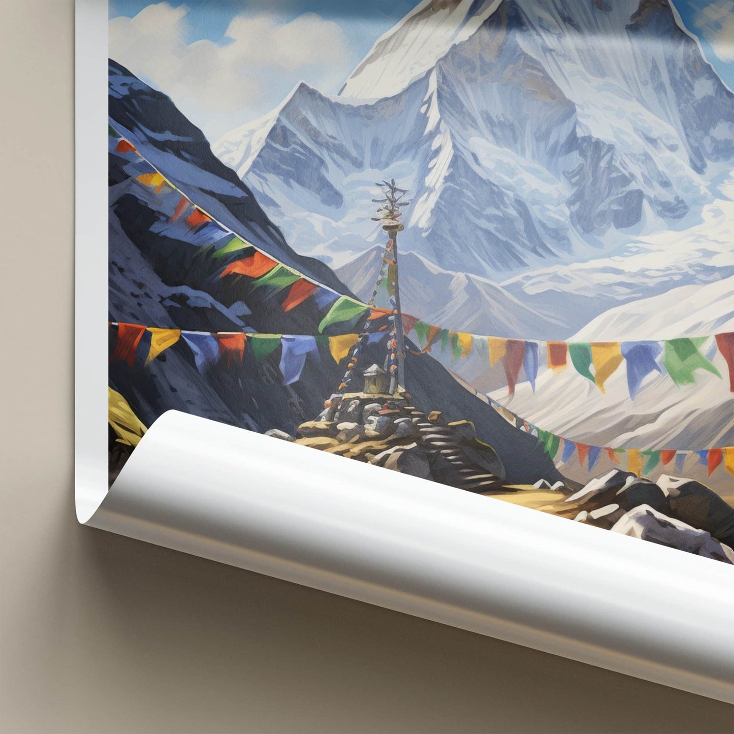 Mt Everest Poster - Nepal Travel Art - Prayer Flags Mountain Home Decor