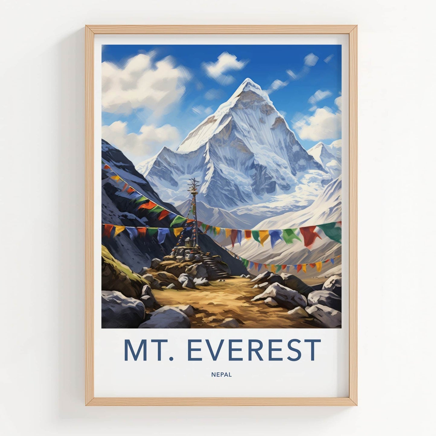 Mt Everest Poster - Nepal Travel Art - Prayer Flags Mountain Home Decor