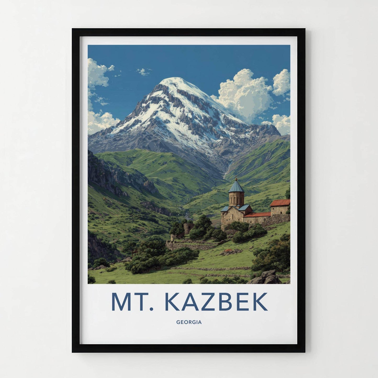 Mt. Kazbek Poster - Georgia Travel Art - Snowy Peak Monastery Home Decor