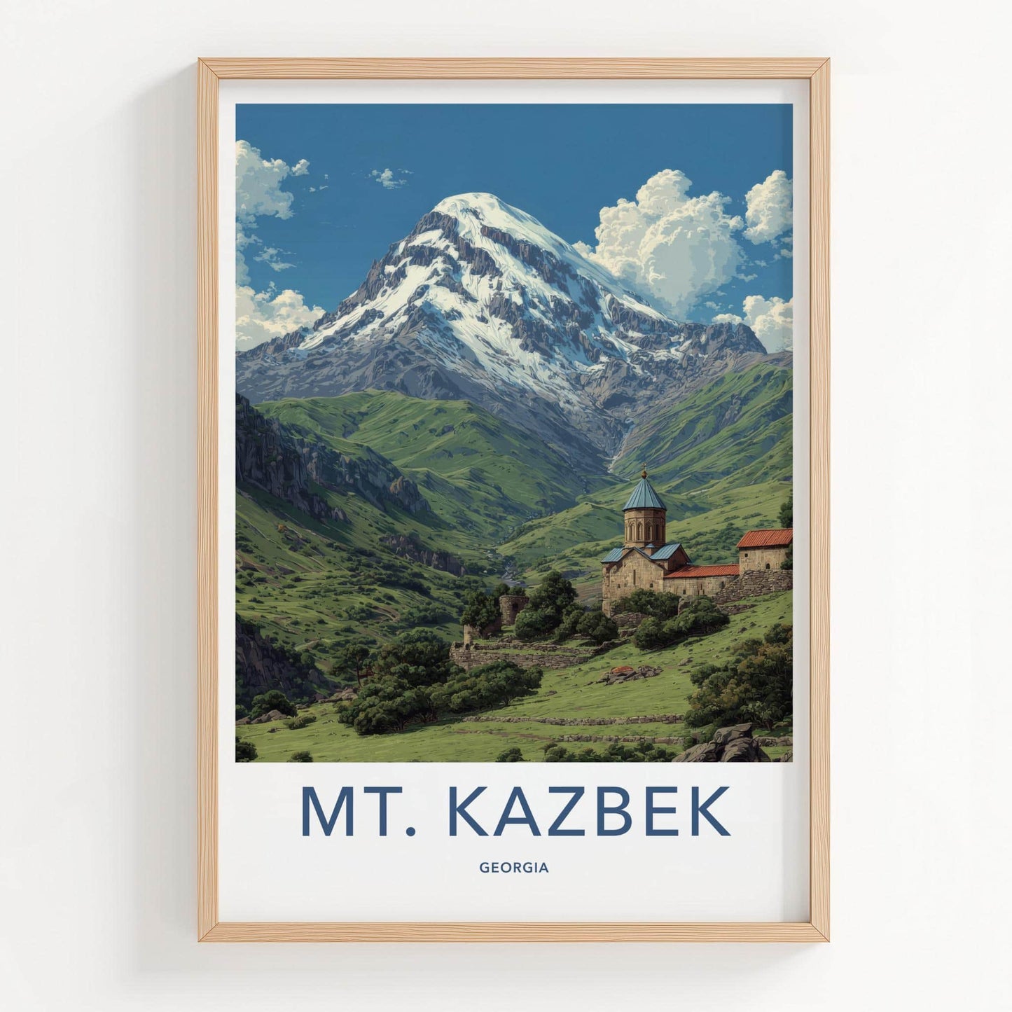 Mt. Kazbek Poster - Georgia Travel Art - Snowy Peak Monastery Home Decor