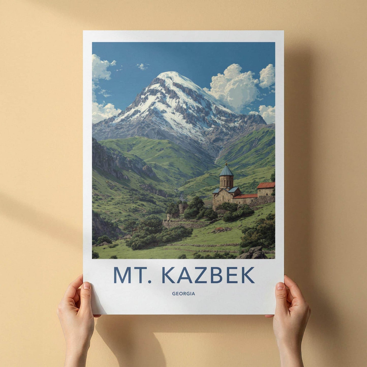 Mt. Kazbek Poster - Georgia Travel Art - Snowy Peak Monastery Home Decor