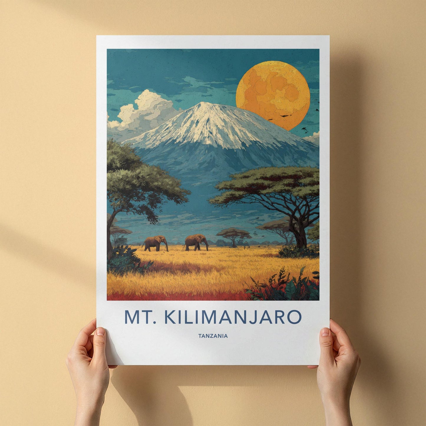 Mt. Kilimanjaro Poster - Tanzania Travel Art - Savanna Elephants Moon Wall Decor