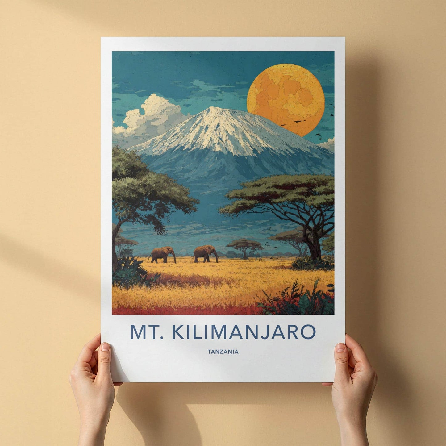 Mt. Kilimanjaro Poster - Tanzania Travel Art - Savanna Elephants Moon Wall Decor