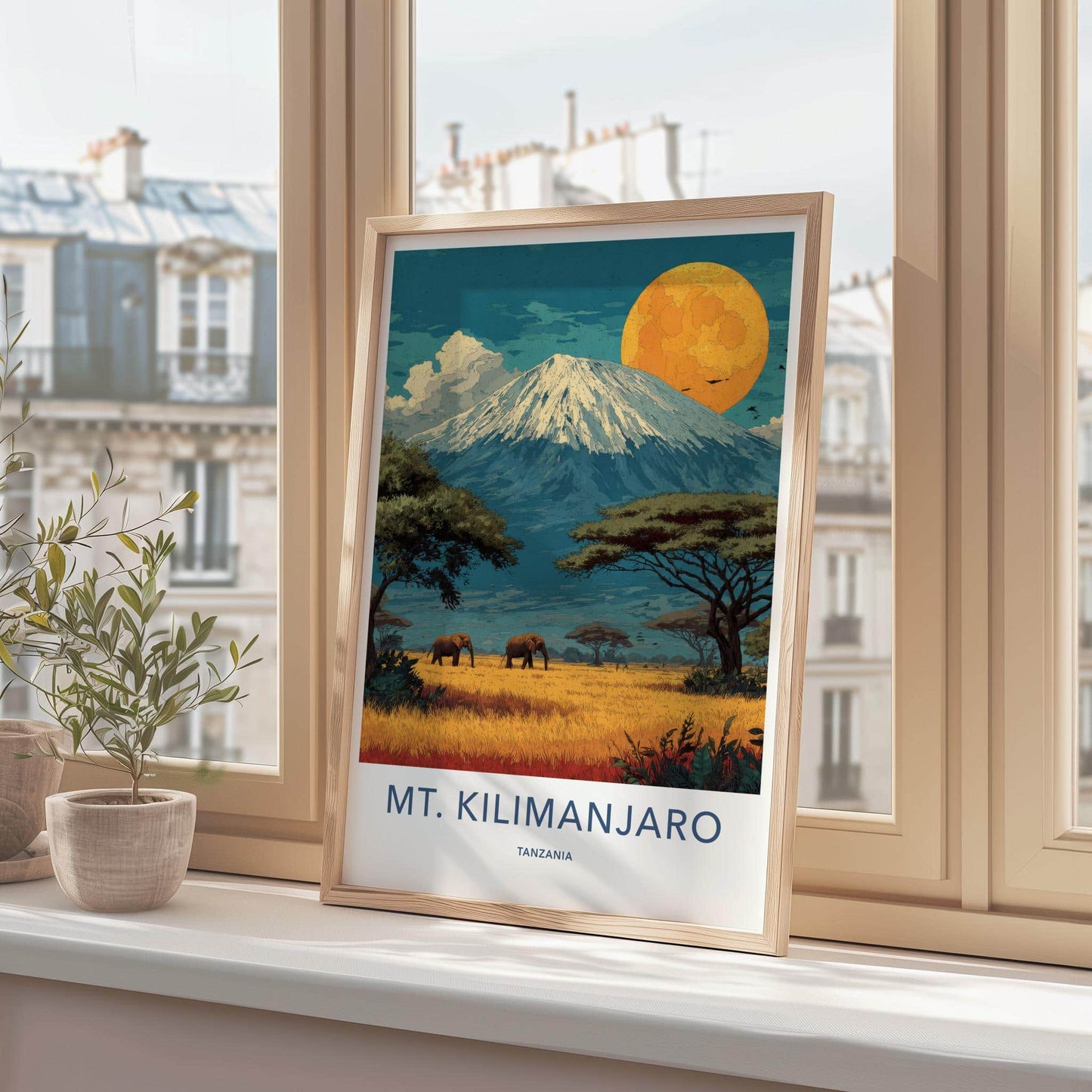 Mt. Kilimanjaro Poster - Tanzania Travel Art - Savanna Elephants Moon Wall Decor