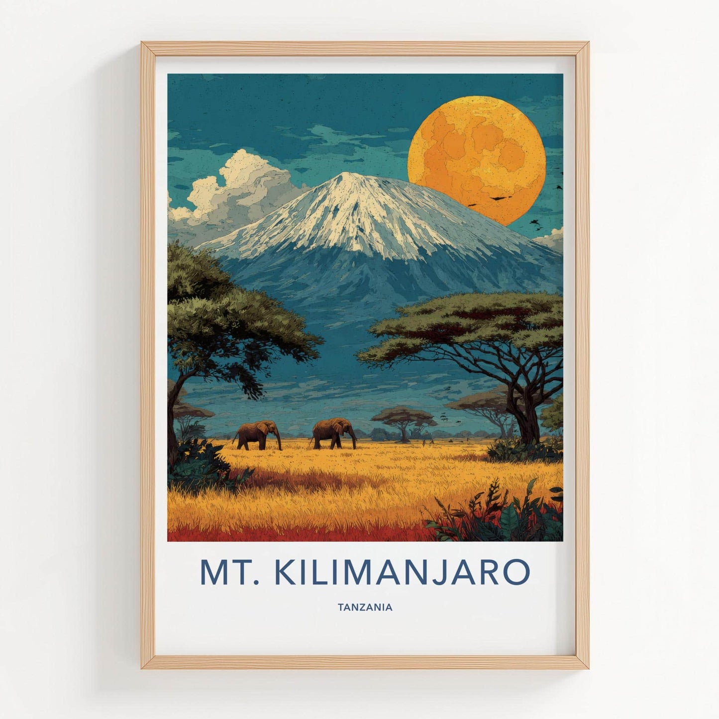 Mt. Kilimanjaro Poster - Tanzania Travel Art - Savanna Elephants Moon Wall Decor