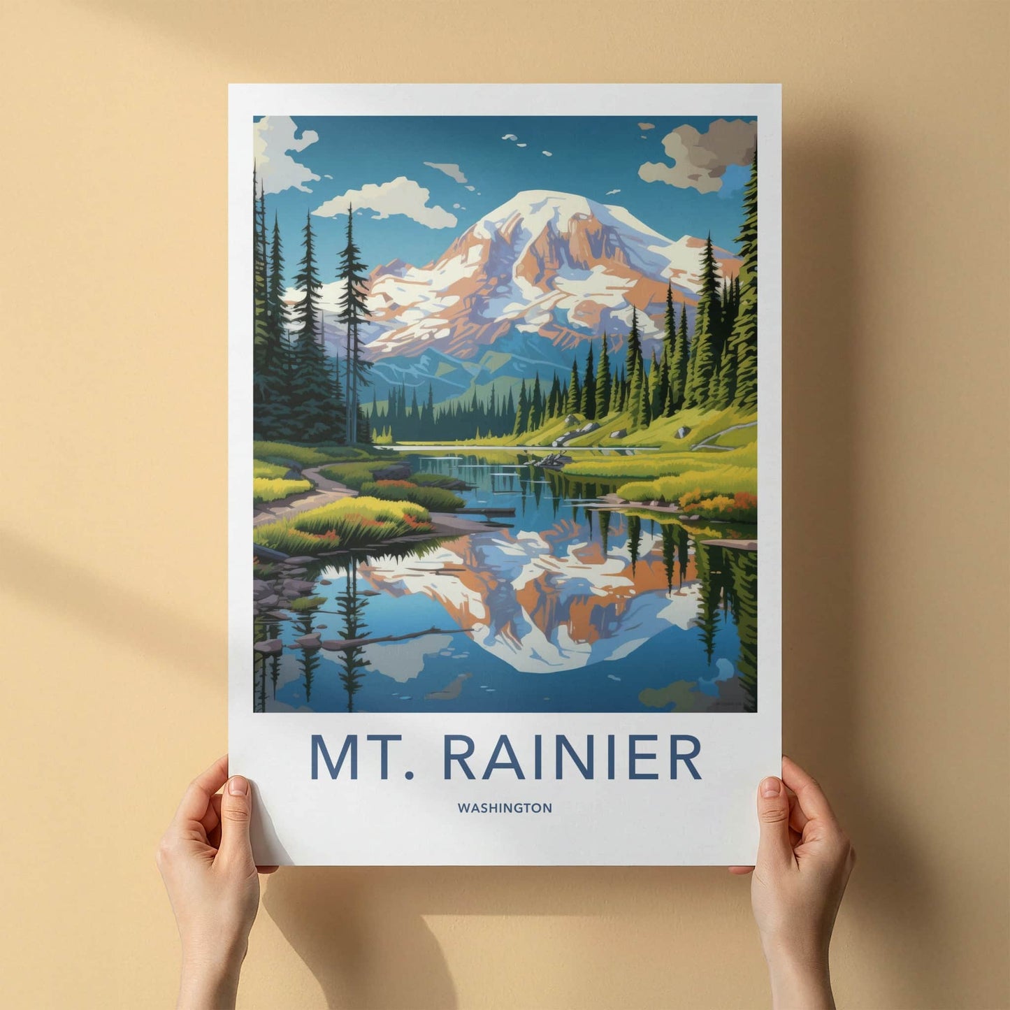 MT. RAINIER Poster - Washington Travel Art - Mountain Lake Reflection Home Decor