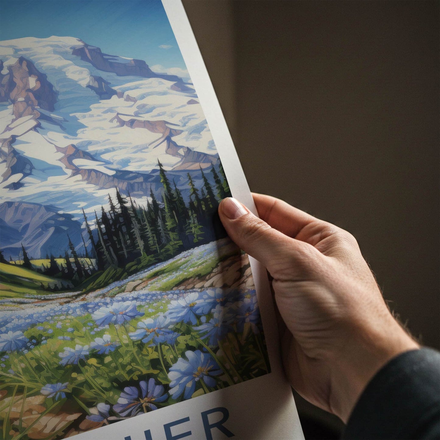 MT. RAINIER Poster - Washington Wall Art - Snowy Peak Flowers Home Decor